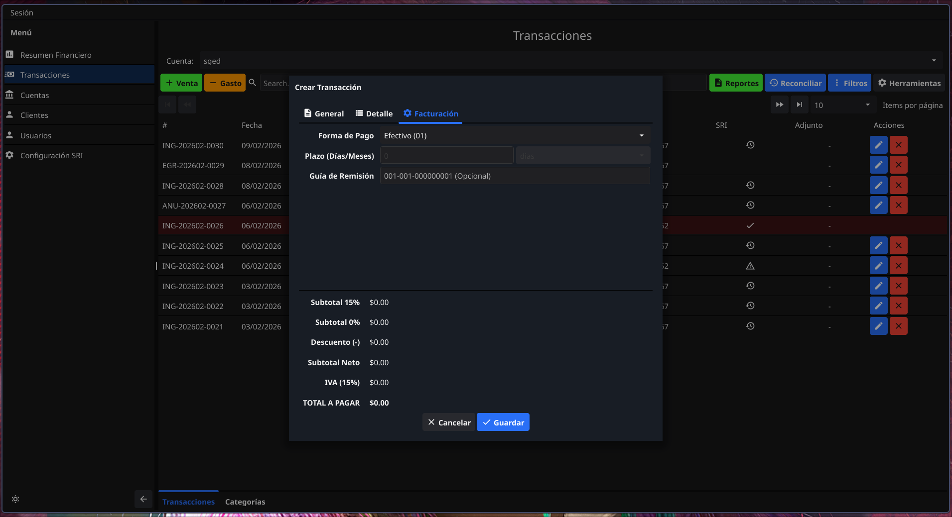 Crear Transacción - Facturación